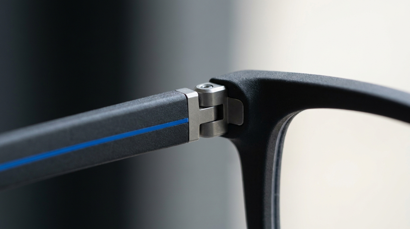 Close detail of the minimal eyewear frame