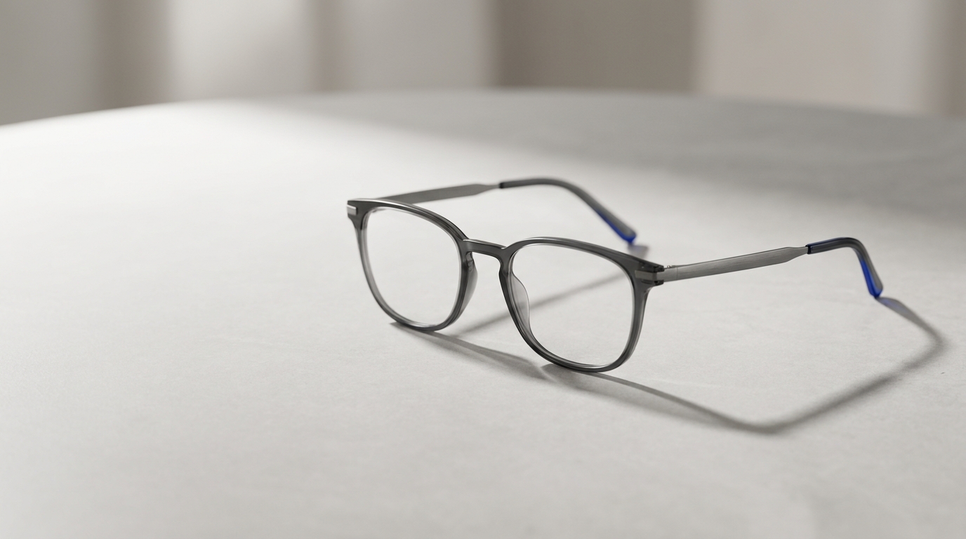 Concept render of Kensora Glasses, minimal, calm eyewear on a neutral surface