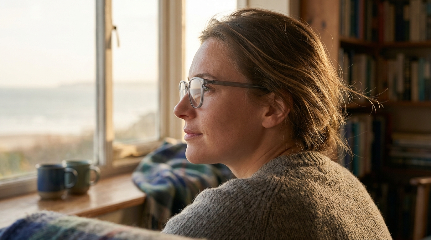 A person wearing glasses, looking out to a calm horizon